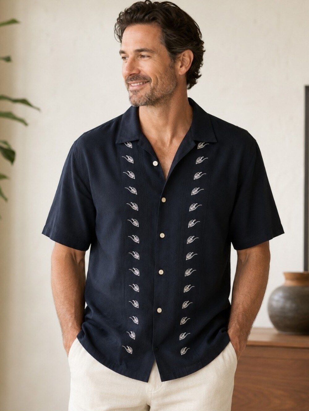 Cubavera Mens Black Embroidered Short Sleeve Guayabera Cuban Camp Shirt Sz XL